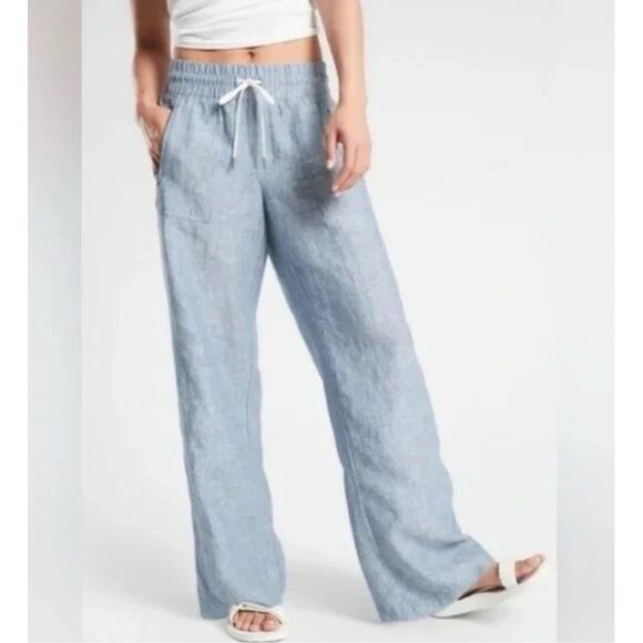 Athleta Cabo Wide Leg Linen Pant Sz 12 Blue Athleisure Minimalist Casual Comfort - Picture 1 of 11